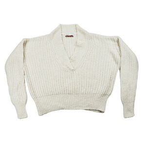 Anthropologie Pilcro Sweater XL‎ Women Cream Pullover V Neck Wool Cotton Nylon